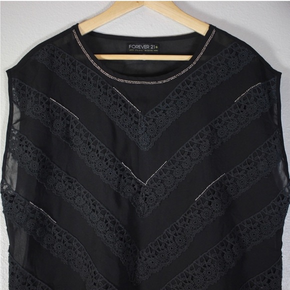 FOREVER 21LACE BEADED CHIFFON BLACK BLOUSE IN PLUS X1 - Picture 2 of 9